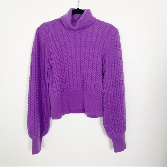A.L.C. Callas Cable Knit Long Puff Sleeve Turtleneck Sweater Purple Wool Casual - Picture 2 of 5